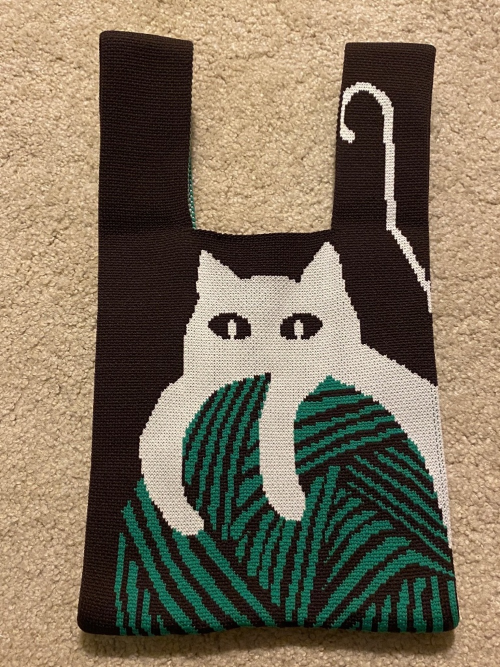 Mini Woven Lunch Bag-Cat & Ball of Yarn-Brown, White, & Green-New